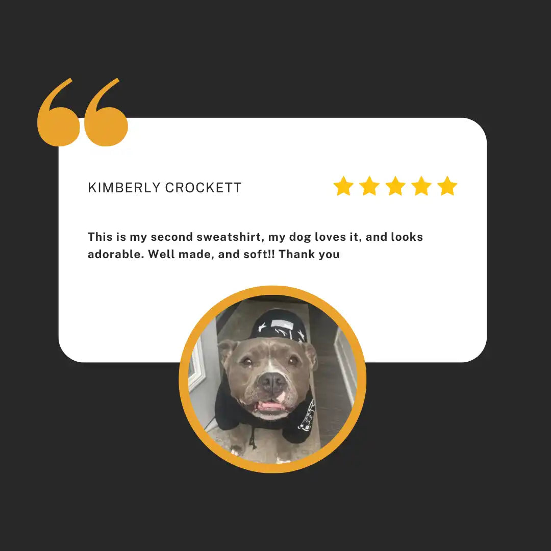 Customer testimonial with dog photo.